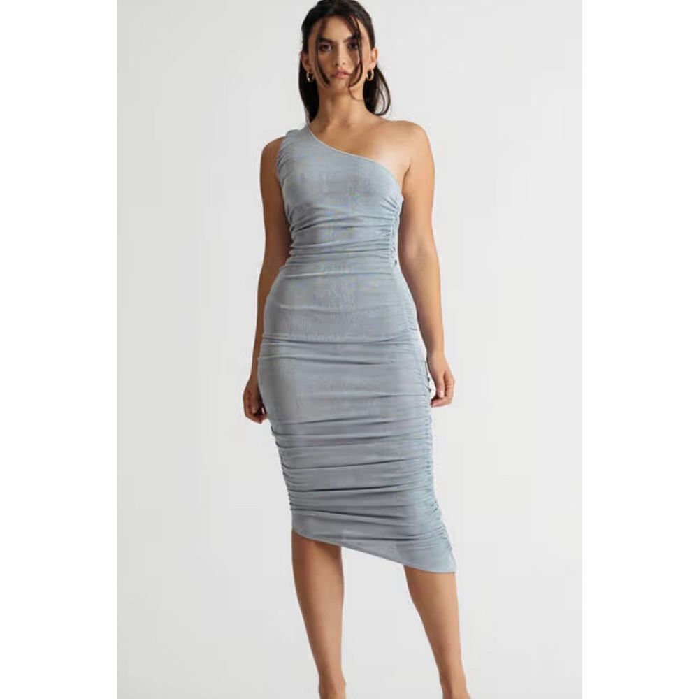 ❤️Olive Tree Light Blue One Shoulder Ruched Midi Dress Size Small